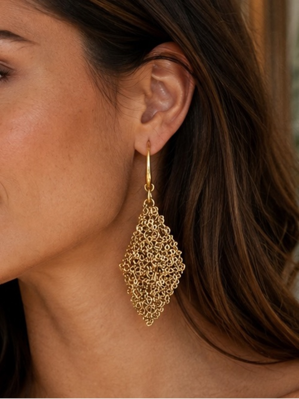 Rare Signed Diane Von Furstenberg Gold Mesh Chain Statement Earrings Vintage DVF